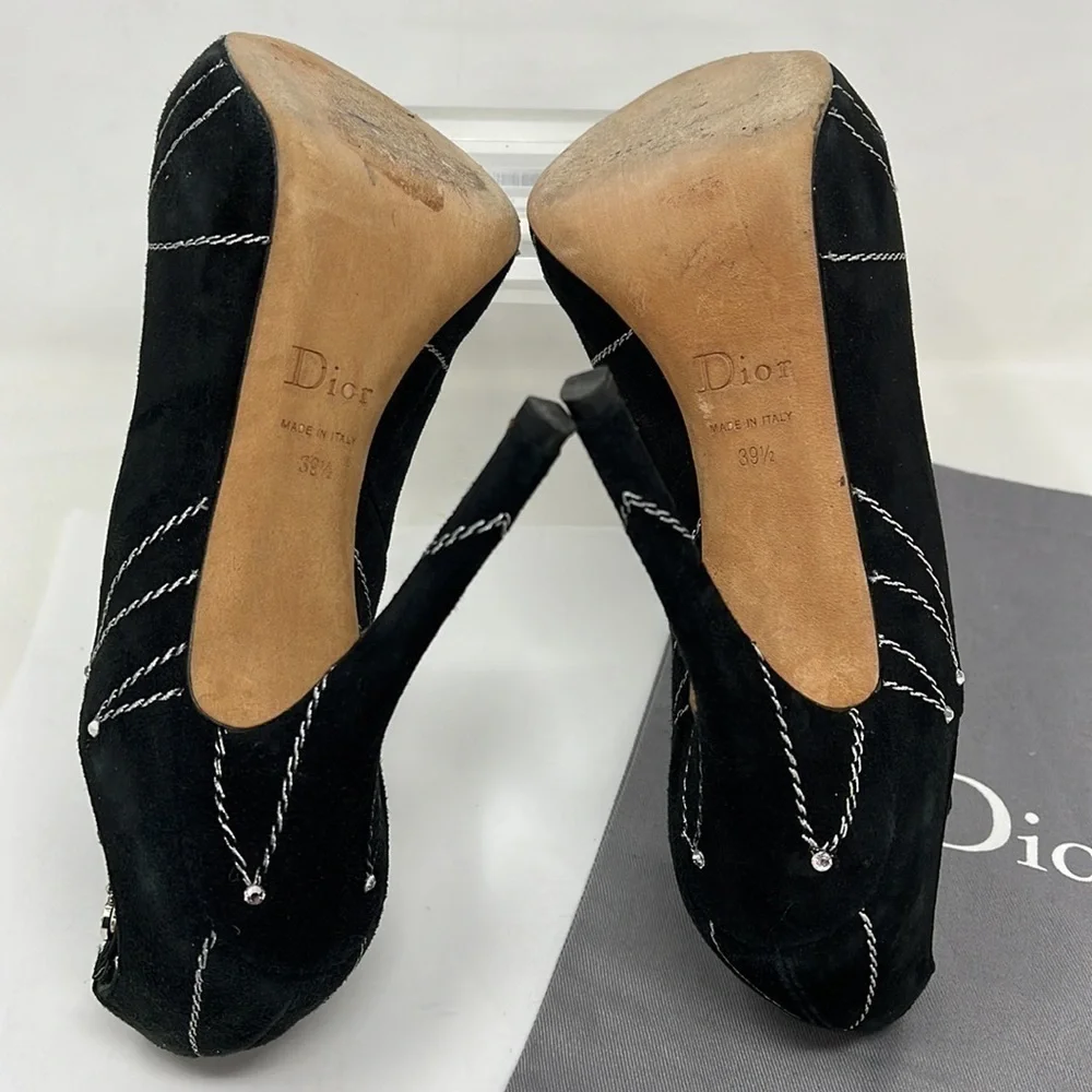 Dior Sz 39.5 Suede Embroidered Folles Peep Toe Pumps Heels